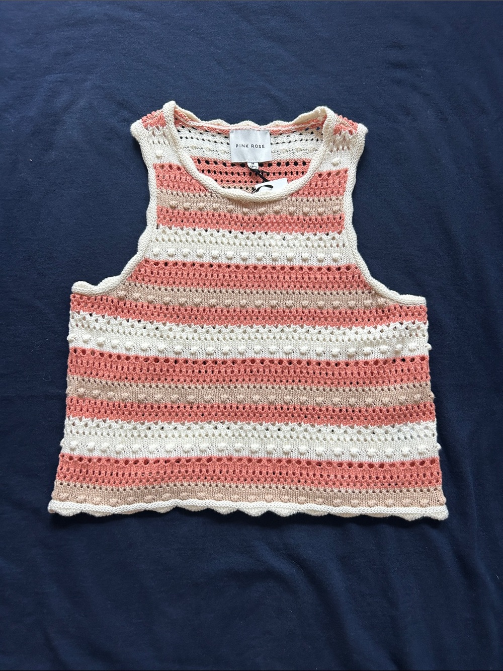 Dry Goods Rose Crochet Stripe Tank Top in Coral Pink & Cream